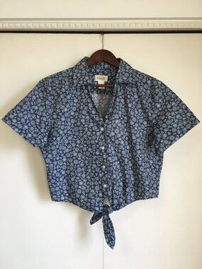 Vintage Talbots 100% Cotton Tie Waist Navy & White Floral Button Up Collar Tee M